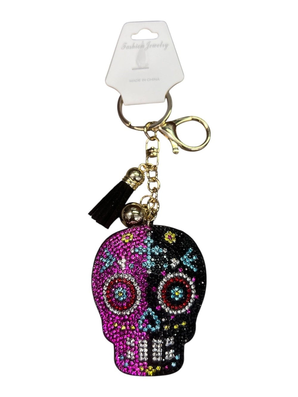 Crystal Skull Tassel Keychain - Pink & Black